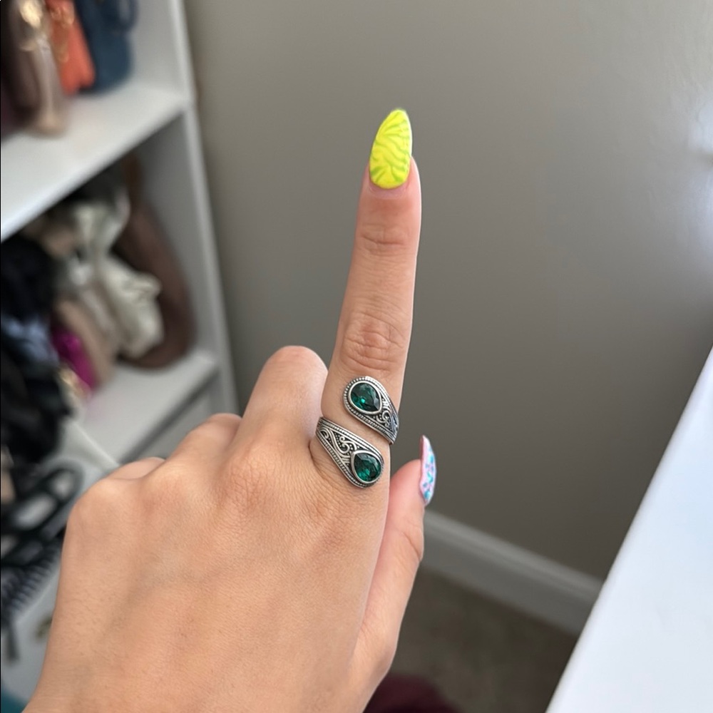 Silver Adjustable Ring with Green Gemstones
